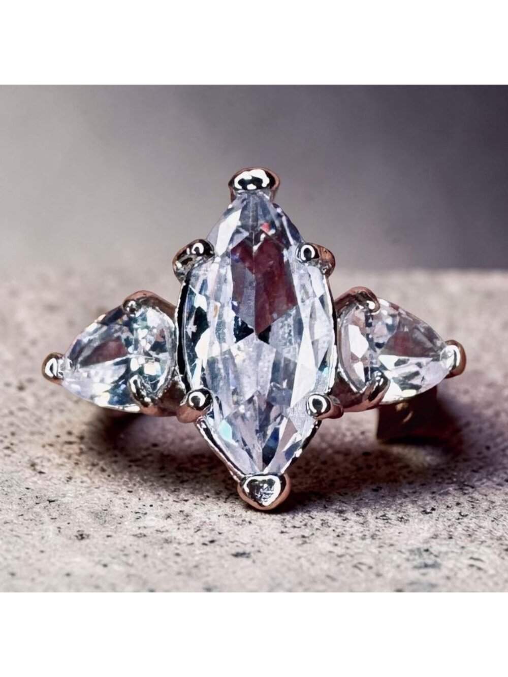 Statement Ring Size 6 Marquise and Pear Cut Crystals Prong-Set Silvertone Metal